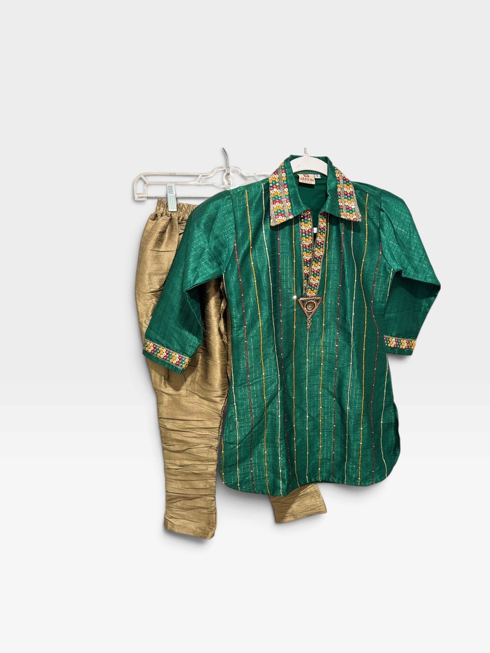 Kids Green & Gold Festive Button-Down Kurta Set Size 6